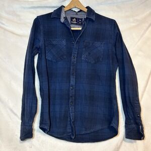 Rugby University 100% Cotton Mens SML Blue Button Down Long Sleeve Flannel Plaid